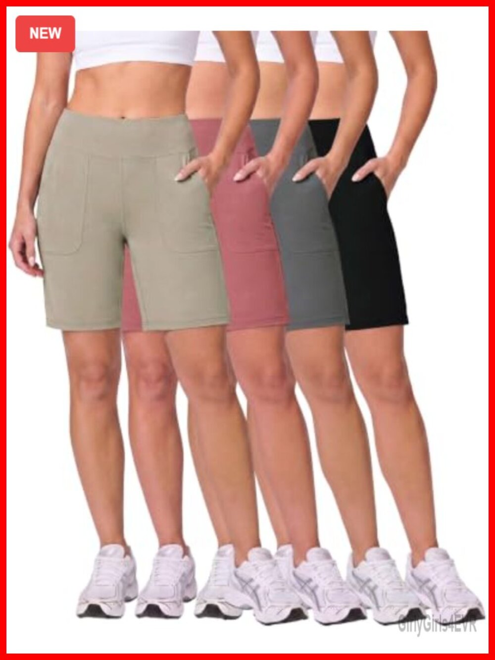 4 Pack Women's 9" Bermuda Shorts High Waist Pull On Pockets Athletic Yoga